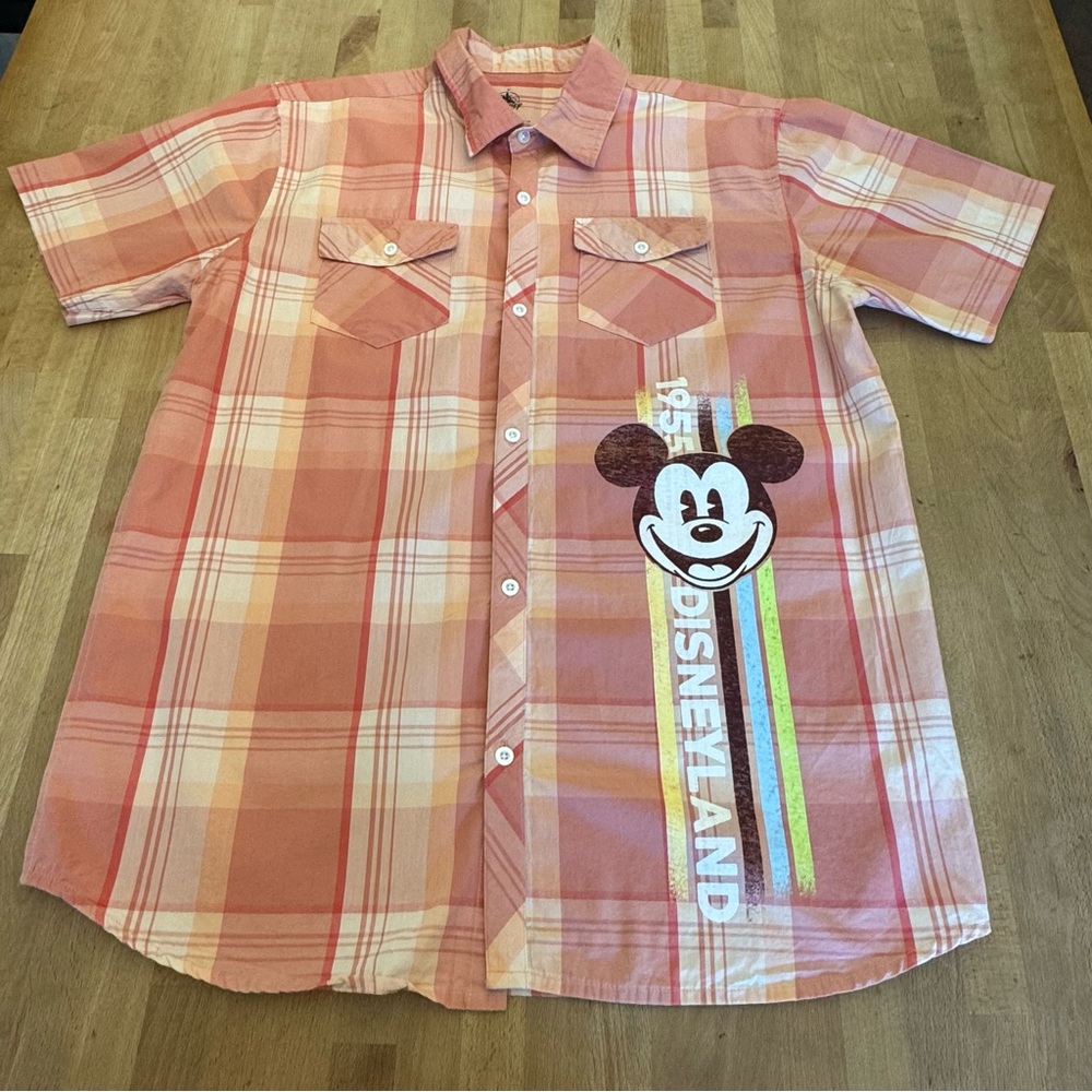 NWT Disney Parks Men's Short Sleeve Pink Plaid Mickey Mouse Button Up Shirt M